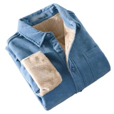 Imagem de Camisa de inverno masculina japonesa casual grossa algodão sólido veludo cotelê camisa cáqui com bolso mantém quente tops, Lago azul, P
