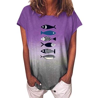 Imagem de LEKODE Women Camiseta gola redonda moderna estampa de peixe degradê blusa solta, Roxo, 5G