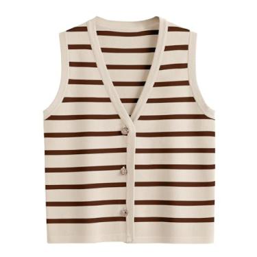 Imagem de LILLUSORY Suéter colete feminino listrado cropped 2024 roupas primavera sem mangas cardigã de botão, Damasco - café, P