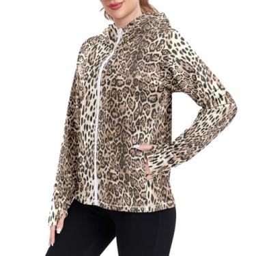 Imagem de JUNZAN Moletom feminino com capuz com proteção solar pele de leopardo FPS 50+ proteção UV camiseta de pesca para mulheres caminhadas e corrida, Textura de pele de animal, M