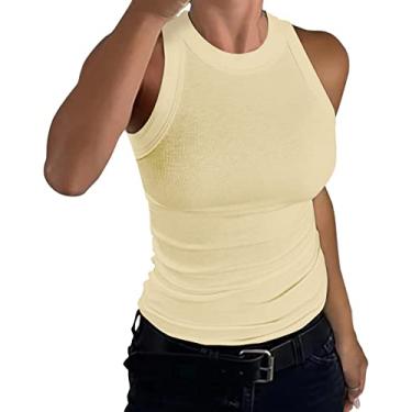 Imagem de THKIOWO Regatas femininas verão sem mangas básicas cor sólida camisas gola redonda malha canelada blusas slim fit, Bege branco, PP