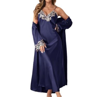 Imagem de Conjunto de 2 peças de roupão feminino sexy de cetim quimono com camisa de seda roupa de dormir de renda lingerie de verão com decote em V, Azul marino, P