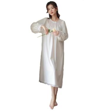 Imagem de Camisola feminina longa vintage de renda manga comprida primavera vestido de algodão macio, Bege, M