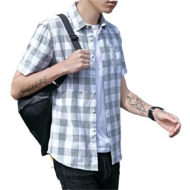 Imagem de Camisa masculina de manga curta verão algodão casual xadrez masculina xadrez verão casual manga curta, Cinza 9, M