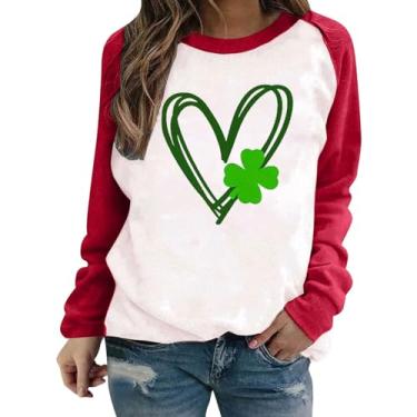 Imagem de Camiseta feminina de manga comprida do Dia de São Patrício verde Lucky Shamrock com gola redonda, Vinho, XXG