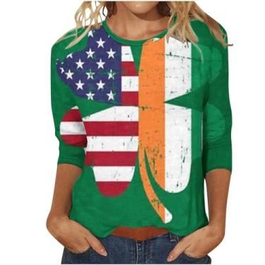 Imagem de Camiseta feminina do Dia de São Patrício com estampa da bandeira irlandesa americana túnica verde manga 3/4, Bege, M