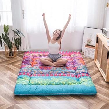Imagem de MAXYOYO Colchão de chão boêmio futon estilo floral boho tapete de tatame japonês, cama dobrável, portátil, acampamento, almofada de dormir, espreguiçadeira, sofá, cama, queen