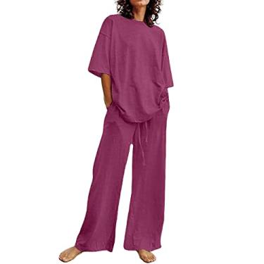 Imagem de Roupas femininas da moda de verão 2023 para mulheres, conjunto de 2 peças de linho roxo, blusas fofas, calças compridas, capri soltas, roupas casuais, Fa1-roxo, G