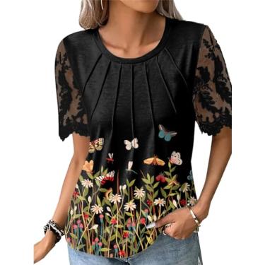 Imagem de Camisetas femininas 2024 fashion gola redonda sexy renda patchwork manga curta verão casual blusas tricotadas, Preto floral, GG