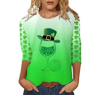 Imagem de Camisetas femininas engraçadas do dia de São Patrício 2024 trevo irlandês verde trevo da sorte manga 3/4 casual, 048-amarelo, GG