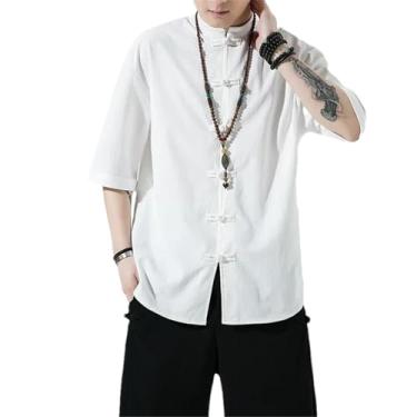 Imagem de Camiseta masculina de algodão e linho de manga curta masculina estilo chinês gola mandarim slim camisetas masculinas de verão, Branco, GG