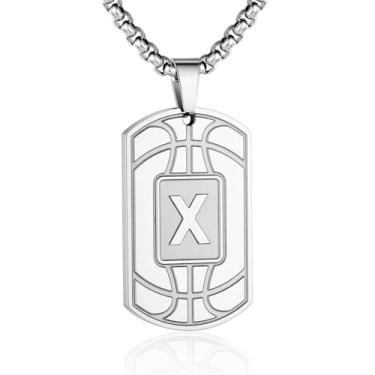 Imagem de Colar masculino com etiqueta de basquete inicial A-Z - pingente com corrente de aço inoxidável 55 cm + 5 cm - joia personalizada para atletas esportivos, Prata, Sem Pedra Preciosa