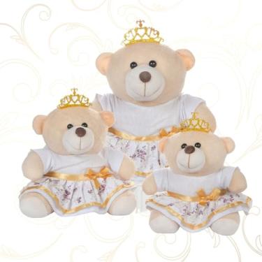 Imagem de Trio De Ursinhos Para Nicho Menina Princesa Vestido Floral Branca Realeza Coroa Quarto Presente Pelúcia Fofura Decoração