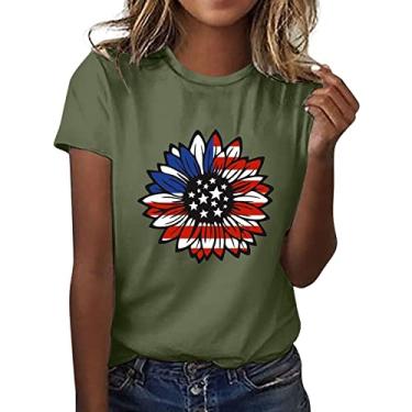 Imagem de Camiseta feminina com estampa de girassol bandeira americana 4 de julho blusa de verão manga curta Dia da Independência Patriótica, Verde, P