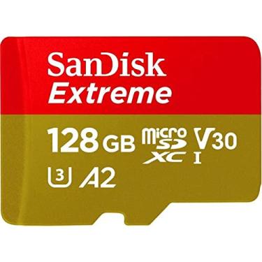 Imagem de SanDisk Cartão UHS I Extreme microSD de 128 GB para vídeo 4K em smartphones, câmeras de ação e drones 190 MB/s de leitura, 90 MB/s SDSQXAA 128G GN6MN, vermelho/dourado
