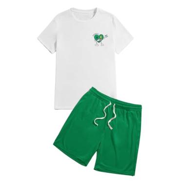 Imagem de GORGLITTER Camiseta masculina casual com estampa de desenho animado e shorts atléticos de malha respirável, conjunto de 2 peças, Branco e verde, GG