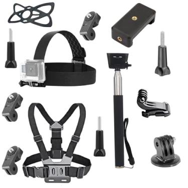 Imagem de Kit de acessórios para câmera de ação universal 4 em 1 suporte de alça de cabeça/arnês de peito/bastão de selfie/suporte de telefone compatível com Gopro Hero 12 11 10 9 8/Insta360 uma