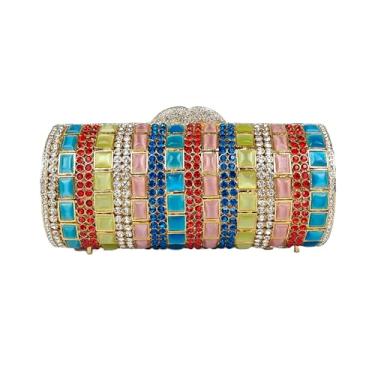 Imagem de Bolsa de noite cilíndrica de microplaqueta de mica colorida exclusiva elegante feminina bolsa clutch de cristal bolsa de festa de casamento, Vermelho colorido