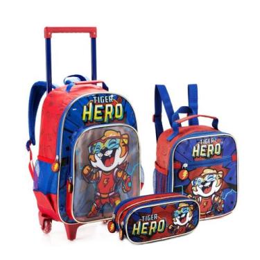 Imagem de Kit Escolar Mochila Rodinha Infantil Meninos Animais Tigre - Denlex