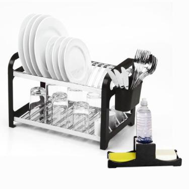 Imagem de Escorredor 16 pratos Inox Lateral Preto + Porta Sabão - DOMUM