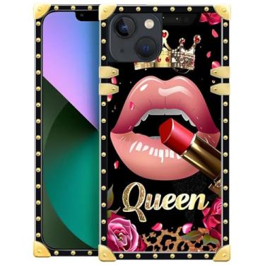 Imagem de WANKBLC Compatível com iPhone 13, batom rosa rosa rainha leopardo luxuoso decoração dourada para meninas mulheres TPU macio à prova de choque capa dura PC traseira para iPhone 13