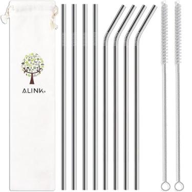 Imagem de ALINK Pacote com 8 canudos de aço inoxidável, 26,6 cm de comprimento, reutilizáveis, de metal de substituição para 20 copos Yeti de 850 g, RTIC, Tervis, frasco de conserva com 8 pontas de silicone, 2 escovas de limpeza e 1 estojo de transporte