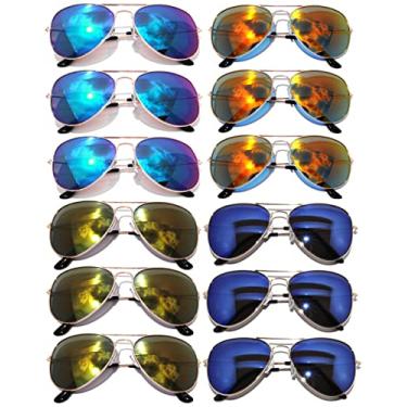 Imagem de Pacote com 12 óculos de aviador dourado metálico, prata, armação preta colorida espelhada OWL., Mix-gold_mirror_blue-green_yellow_red_blue, Medium
