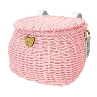 Imagem de Alreczio Conjunto de cesta de bicicleta infantil, cesta de triciclo de scooter, cesta infantil finamente tecida com tampa alça de ombro cesta de guidão frontal cesta de vime para guidão infantil cesta