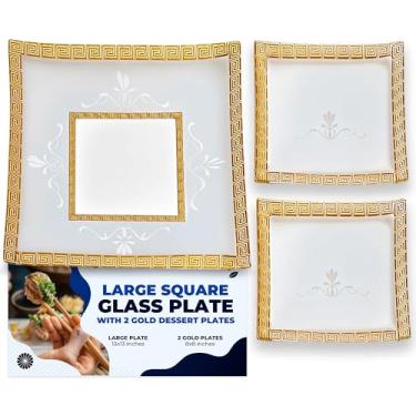 Imagem de GAC Elegante conjunto de 3 travessas e pratos quadrados de vidro temperado – 1 bandeja grande de servir 33 x 33 cm + 2 pratos de sobremesa dourados elegantes de 20 cm – Durável, utensílios de mesa