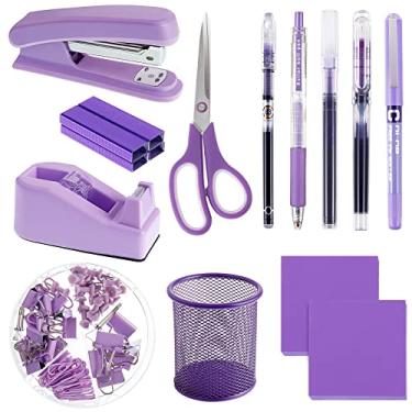 Imagem de Gueevin 12 peças de material de escritório roxo acessórios de mesa grampeador com fita adesiva, suporte de caneta, caixa de clipes de papel, canetas, notas adesivas para escritório, casa
