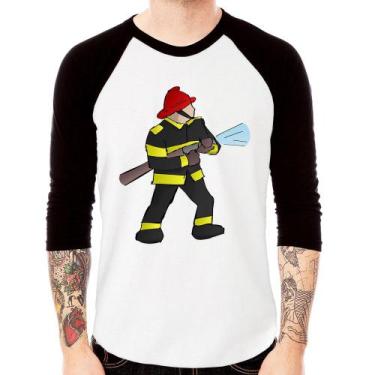 Imagem de Camiseta Raglan Bombeiro Manga 3/4 - Foca na Moda, Branco, Preto, G