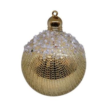 Imagem de 3 Bolas Enfeites Árvore Natal com Perolas  fios Dourados 8cm - Magizi