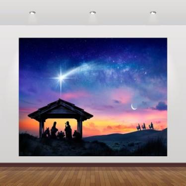 Imagem de Cenário de presépio de Natal 3 x 2,4 m Cena de manjedoura de Natal Fundo de nascimento de Jesus Grande Faixa de Natal Decorações Igreja Religião Cristã Cabine de Fotos Adereços