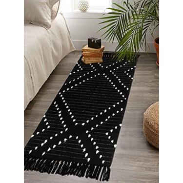 Imagem de HAOCOO Tapete de área de algodão marroquino 6 x 11 cm, feito à mão, moderno, tapete chique, boêmio, tapete de porta preto e bege, lavável na máquina, tapete para sala de estar, quarto, cozinha, banheiro
