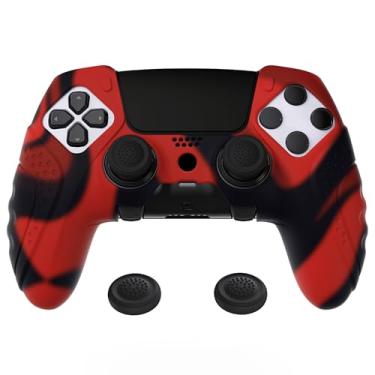 Imagem de PlayVital Capa de silicone ergonômica antiderrapante Guardian Edition para controle de borda ps5, película protetora de borracha macia para controle sem fio de ps5 Edge com tampas de aperto de polegar - vermelha e preta