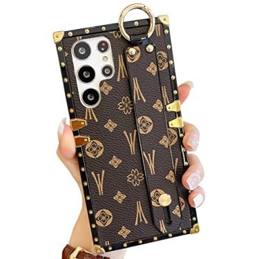 Imagem de TRODINO Capa de couro de luxo compatível com Samsung Galaxy S25 Ultra com alça, capa de designer retrô clássica para mulheres e meninas, capa protetora à prova de choque com suporte de mão (marrom)