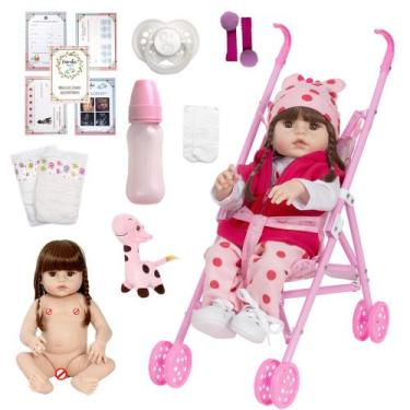 Imagem de Bebe Reborn Realista Girafinha Cabelo Castanho Com Carrinho - Cegonha 