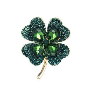 Imagem de Broche de folha de trevo verde de strass broche de flores vintage boa sorte acessórios de vestuário de liga de São Patrício joias presente, Medium, Zinco, Sem pedras preciosas
