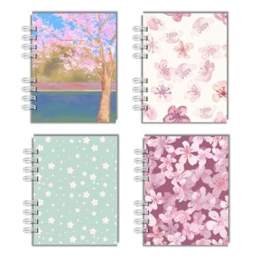 Imagem de Kit Com 4 Cadernos Capa Dura para anotação cadernos de bolso, A6, cadernos wire-o, pautados para faculdade e escola, para mulheres, presente, escritório, material escolar - Flores Sakura
