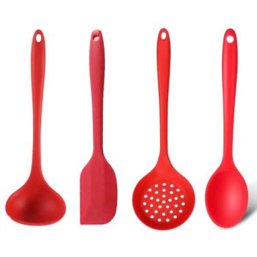 Imagem de Kit Utensílios de Silicone Premium Completo - Colher de Arroz, Concha, Escumadeira e Espátula Pão Duro (Vermelho)