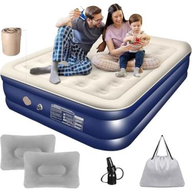 Imagem de Colchão Inflável Casal 2,05 * 1,55M com Bomba de ar Elétrica Recarregável Embutida, Design Hermético com Inflação e Deflação Rápidas e Automáticas, para Casa, Viagens e Acampamentos (Azul e Branco)