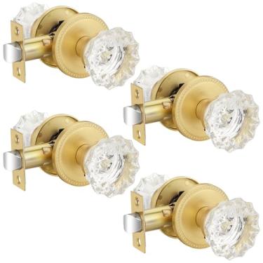 Imagem de EHOMEWARE Pacote com 4 maçanetas de cristal, maçaneta interna dourada, fechadura de privacidade para quarto, fechadura de porta de banheiro, maçaneta de porta de vidro sem chave, maçaneta de latão