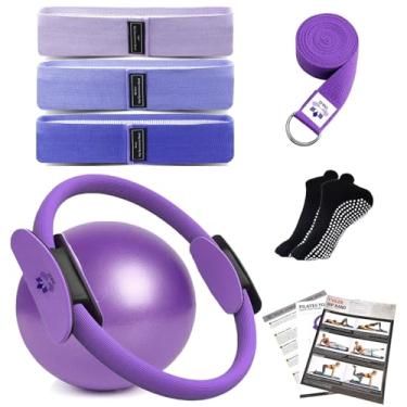 Imagem de YXILEE Conjunto de anéis de pilates - Equipamento de treino em casa feminino - Equipamento de alongamento de faixas de bumbum mini bola de exercício para pernas, braços e coxas (azul)