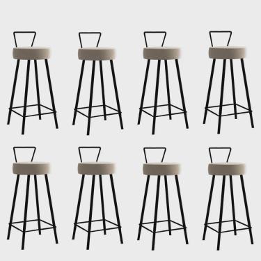 Imagem de Kit 08 Banqueta Alta Com Encosto Tais Eiffel Cozinha Bar Bistrô Ferro Preto Suede Bege - Ahz Móveis