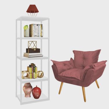 Imagem de Kit Poltrona Fatte com Estante Livreiro Ferro Branco mdf Branco Suede Rose Gold - Ahazzo Móveis