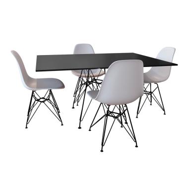 Imagem de Conjunto De Mesa Eames Eiffel De Ferro Preto Tampo Preto 120x75 4 Cadeiras Ferro Preta Assento Branco