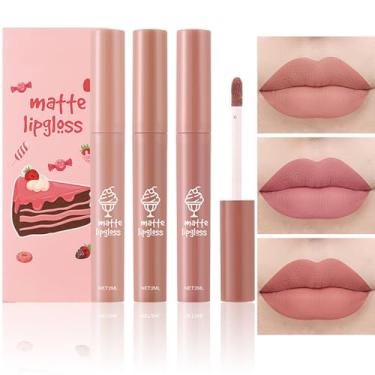 Imagem de Tiejdhr Conjunto de 3 peças de batom fosco nude, brilho labial fosco suave de veludo de sorvete, 24 horas, natural, de longa duração e nutritivo, copo antiaderente para maquiagem feminina (conjunto B)