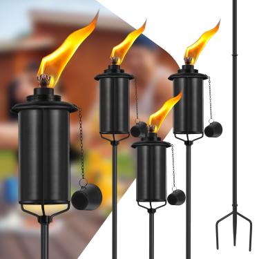 Imagem de FAN-Torches Conjunto de 4 tochas de jardim doméstico, tocha de metal de 473 ml, decoração de jardim, tochas de citronela atualizadas de 140 cm com estaca aterrada de 3 pinos, tochas de metal para