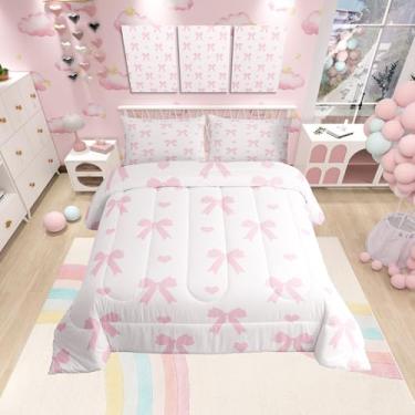 Imagem de Manfei Conjunto de edredom com laço rosa, tamanho casal, estilo princesa, sonhador, gravata borboleta, para crianças, corações amorosos, romântico, dia dos namorados, edredom de plumas, rosa kawaii, 3