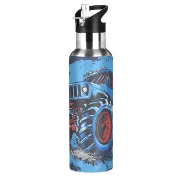 Imagem de Garrafa de água Blue Monster Truck para crianças, meninos, meninas, isolada, de aço inoxidável, quente, fria, com tampa de palha, para esportes, academia, corrida, 590 ml